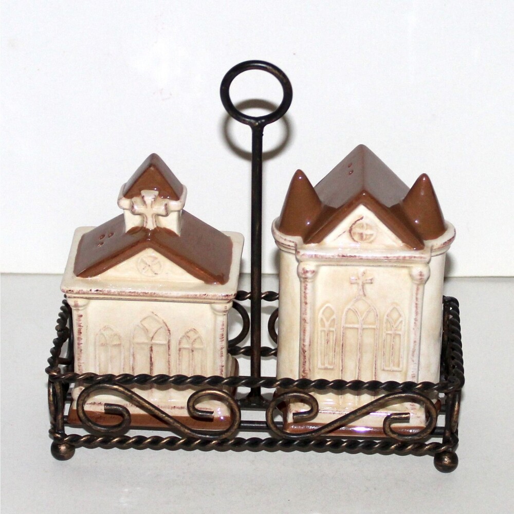 Church Building Salt & Pepper shaker Set on metal stand ceramic brown religious